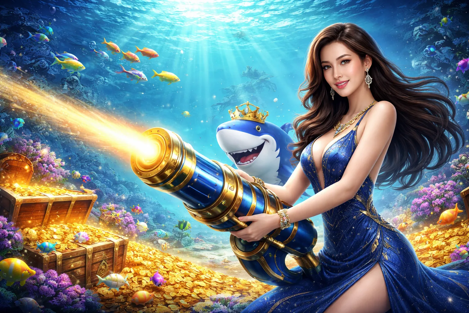 Hình ảnh đại dương rực rỡ với các loài cá và kho báu trên topzo online